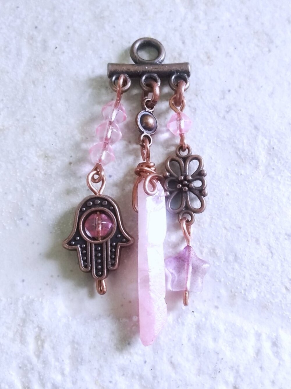 Oh So Girlie!!! Feminine Hamsa Hand & Pink Quartz + Star Cluster Pendant - OOAK!